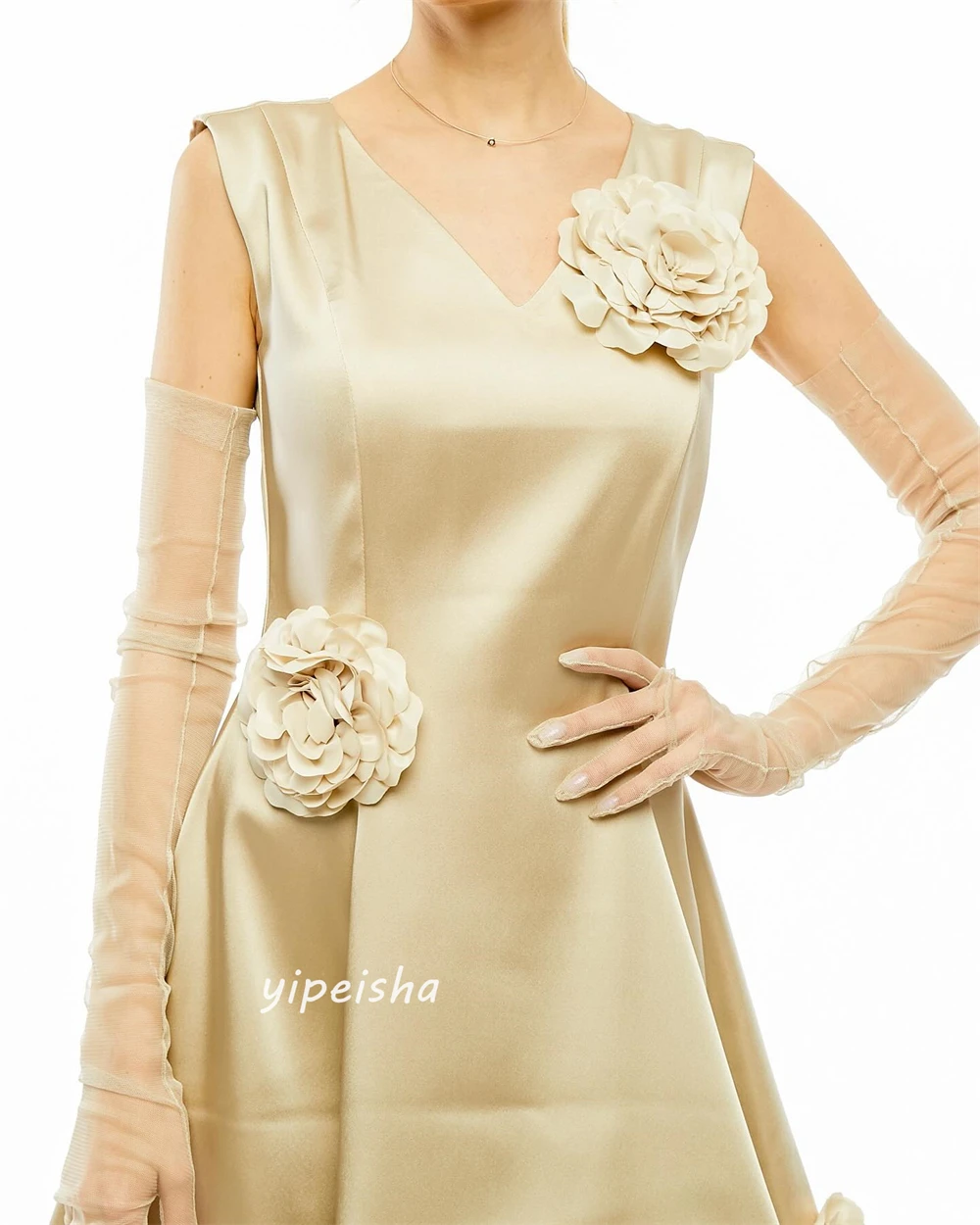 Jiayigong-Cetim Draped Flower Dresses, Evening Formal A-Line V-Neck, Bespoke Ocasião Vestidos, Joelho de comprimento