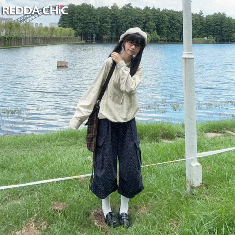 

ReddaChic в горошек, женские короткие брюки-карго, сканер, танцовщица, ретро, синие leats, широкие ноги, большие карманы, шутки, хип-хоп, Y2k, уличная одежда