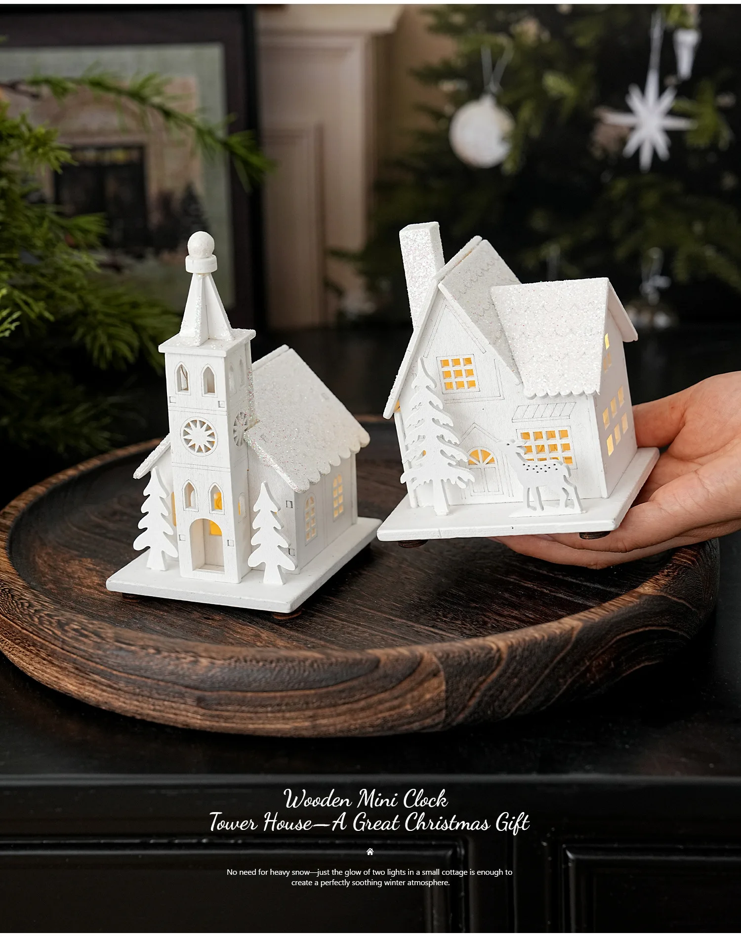 Lighted Wooden Christmas Church House Figurine White Glitter LED Glow Solid Wood Tabletop Ornament For Holiday Party Home Decor