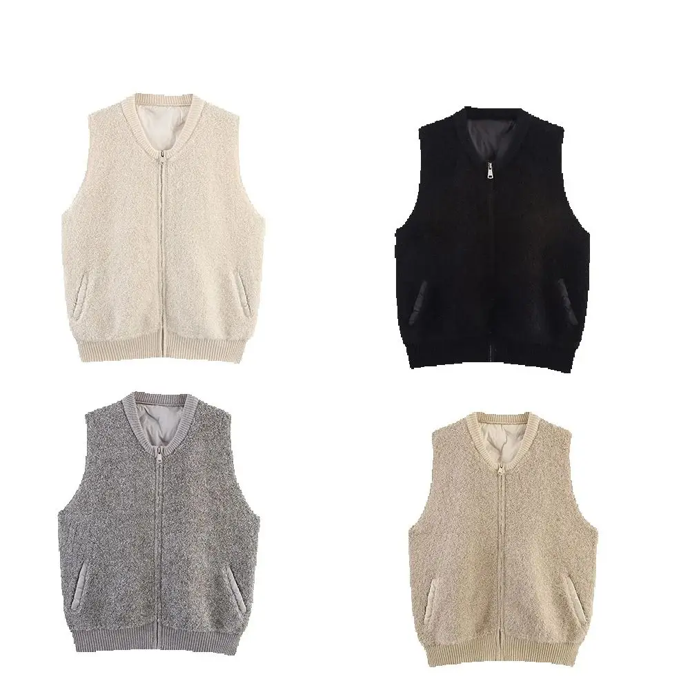 

New French retro sleeveless top women's autumn and winter patchwork towel needle baseball zipper sleeveless vest