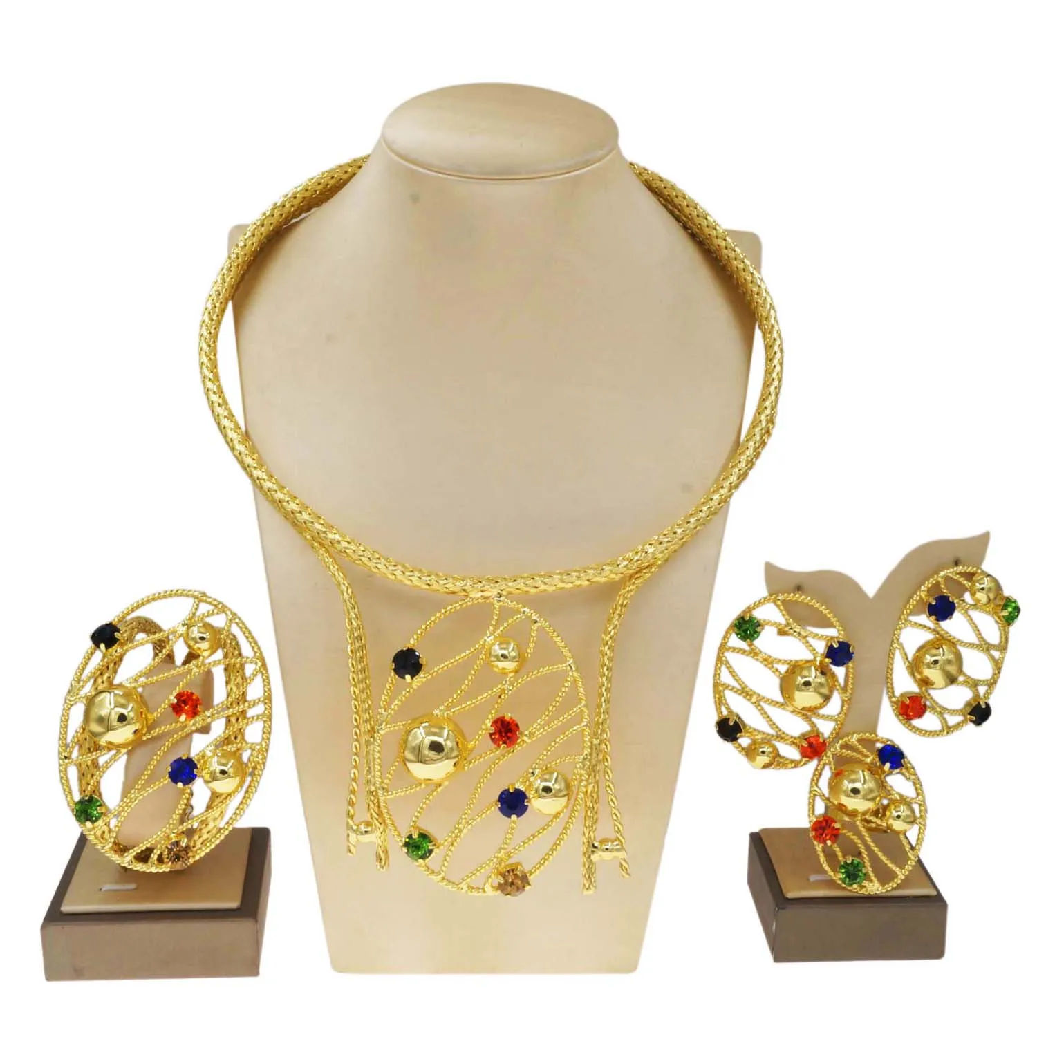 

Gold Plated 24k Brazil Design Women Jewelry Set Colorful Resin Necklace Bracelet Ring Earrings Wedding Banquet Party Accessories