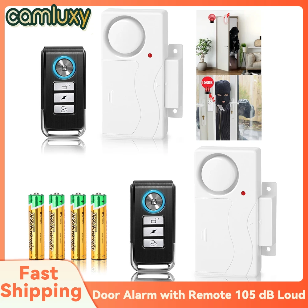 Camluxy Wireless Door Alarm with Remote 105 dB Loud Pool Door Alarm 2 Pack Battery Included for Kids Safety Home Security