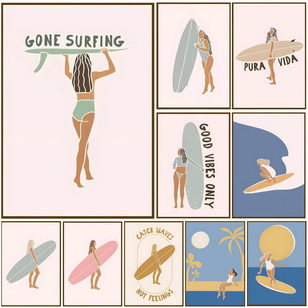 Beach Sea View Surfer Surfing Poster Wall Stickers Self Adhesive Painting HD Art Decals for Bedroom Living Room Home Decor