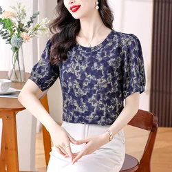 Women Vintage Floral Printing Short Sleeve Blouse Summer Fashion Loose All-match Chiffon Shirts Office Lady Elegant O-neck Tops