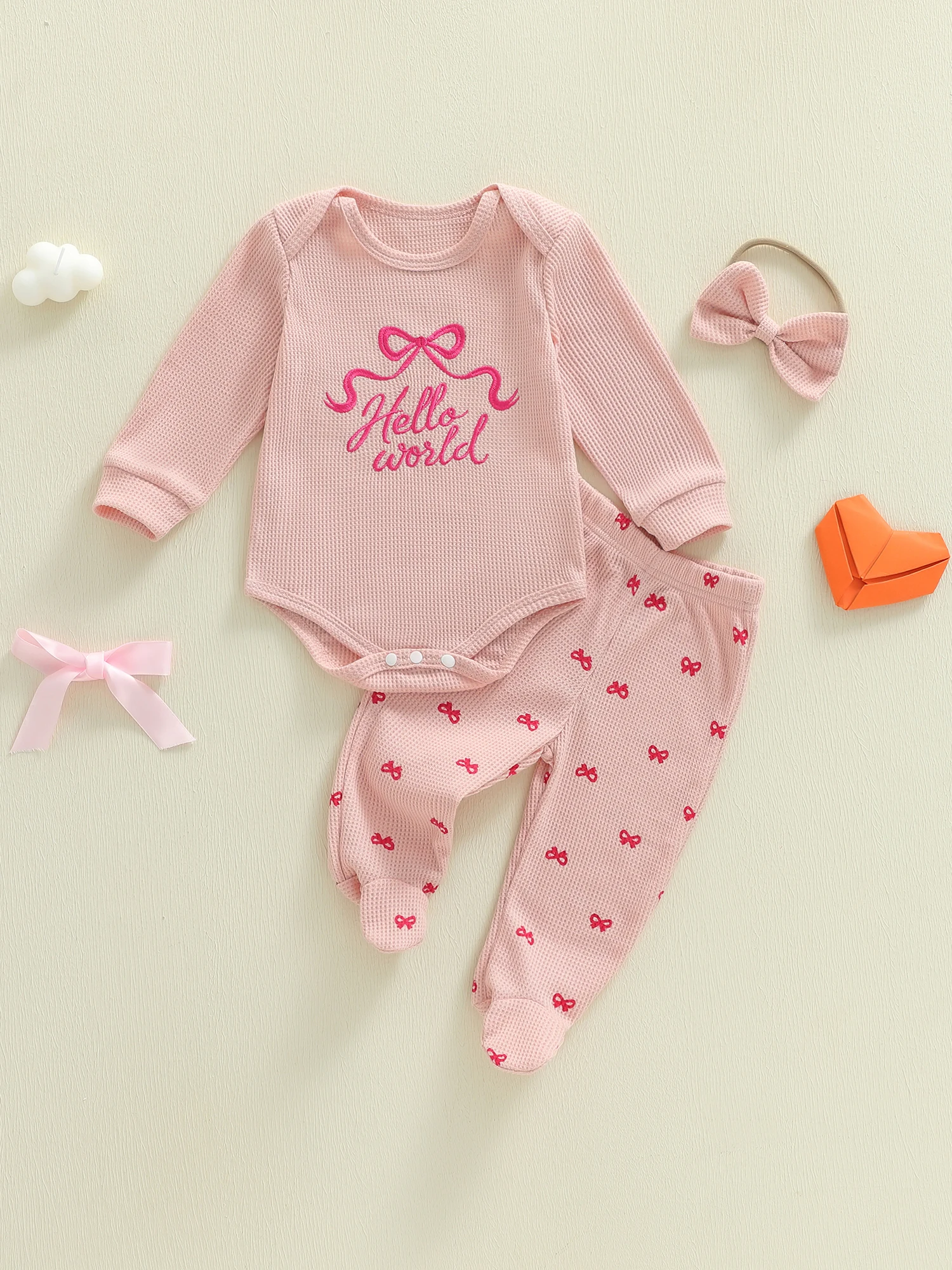 

Adorable Baby Girl Spring Ensemble Waffle Bow Romper Footie Pants and Bow Headband Set with Letter Embroidery