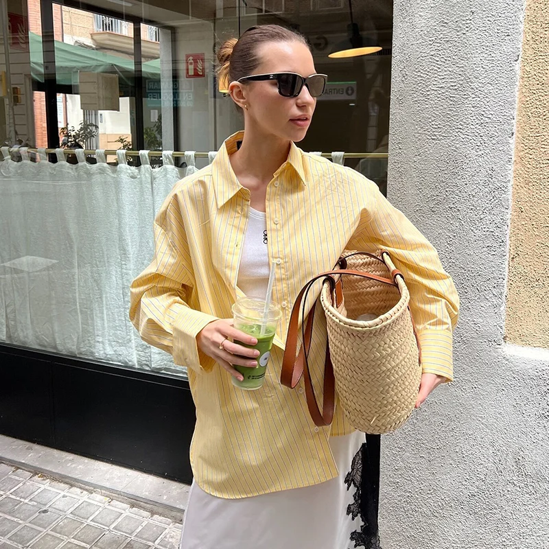 BUSCFOX Koszula damska w paski 2025 Letnie luźne koszule jednorzędowe Eleganckie koszule i bluzki z długim rękawem Top