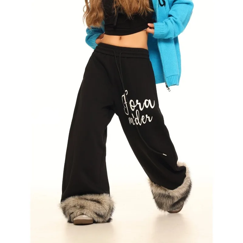 ライトブルーのカスタムメイドアメリカンファーリーレッグカバーレタープリントカジュアルパンツ レディース 2025年秋 ルーズワイドレッグパンツ