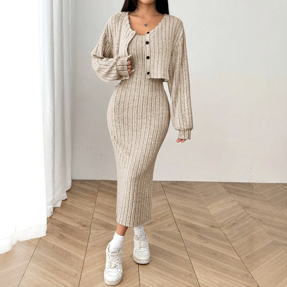 

Mia Muse Boutique Autumn Sets 2025 Women's Daily Basic Solid Color Long Sleeve Cardigan Rib Knit Midi Sheath Dresses Basics Sets