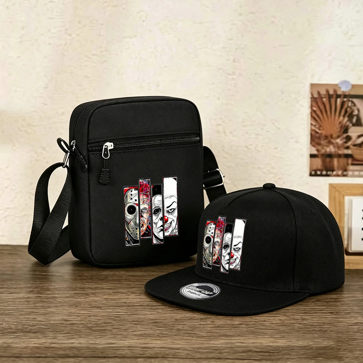 2pcs Clown Print Baseball Cap&Crossbody Bag Set-Snapback Hat-Baseball Cap-Streetwear Style,Casual Wear-Urban Fashion Accessory