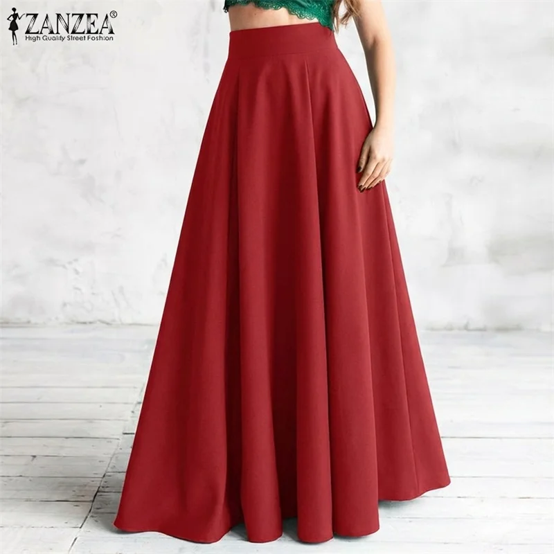 2026 ZANZEA Spring Elegant High Waist Party Maxi Skirts Women Stylish Long Jupe Solid A-line Faldas Saia Pleated Skirt Oversize