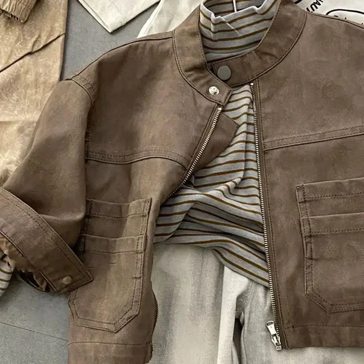 2025 Autumn New Boys Biker Jacket Fashion Casual Vintage Solid Color Long Sleeve Zipper Coat for 2-11Y Children Spring Outerwear