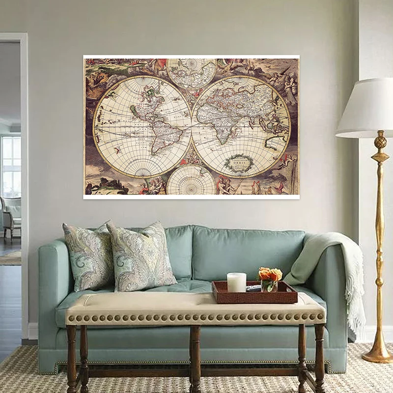 Vintage โปสเตอร์แผนที่ภาษาอังกฤษผ้าไม่ทอยุคกลาง Latin Art ภาพวาดห้องนั่งเล่นตกแต่งบ้าน Study Office Supplies