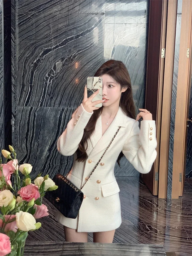 Elegant Women's Double-breasted Suit Jacket 2024 Autumn and Winter Waist Slim-fit Woolen Coat Mid-length Office Lady Suit Top