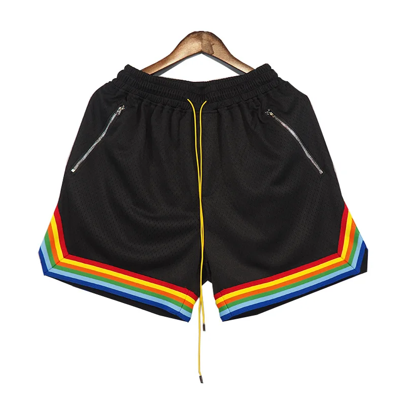 

New 2022 Novelty high Comfortable Colorful Striped Mesh Skateboard Street Cotton Casual Shorts Kanye Hip-hop Parkour #R48