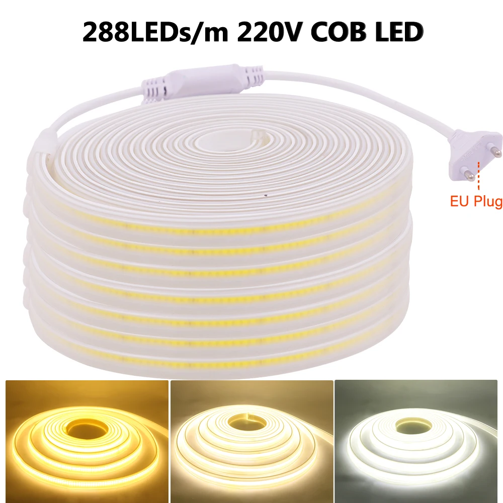 

50m 100m COB LED Strip 220V IP67 Waterproof Outdoor COB Light 288LEDs/m RA90 Linear 3000K 4000K 6000K Flexible Ribbon + Plug