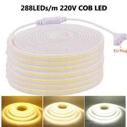 50m 100m COB LED 스트립, 220V, IP67 방수 실외 COB 조명, 288LED, m RA90 선형 3000K 4000K 6000K 유연한 리본 플러그