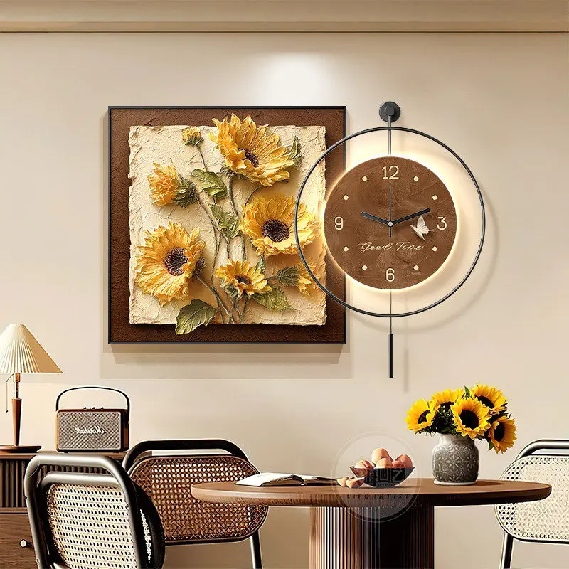 Sunflower restaurant decorative clock three-dimensional dining table background wall wall clock hanging painting