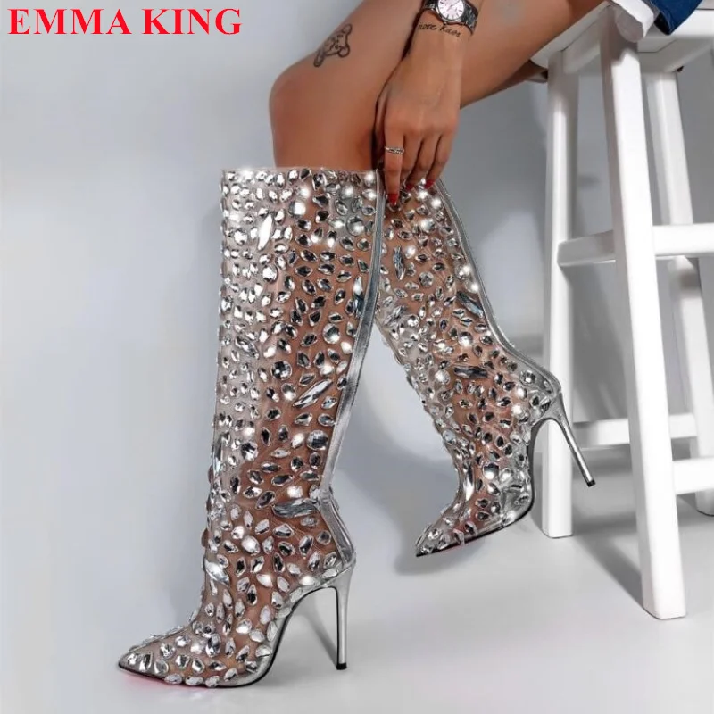 Luxury Designer Women Rhinestone Knee-High Boots Pointed Toe High Heels Transparent PVC Fashion Shoes Sexy Party Women\'s Boots