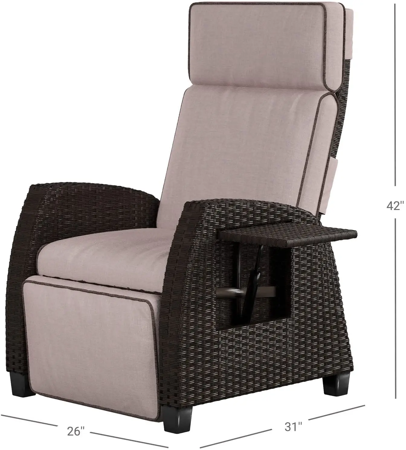 Indoor & Outdoor Recliner With All-Weather Wicker, Beige Cushion And Integrated Side Table, Mocha Brown