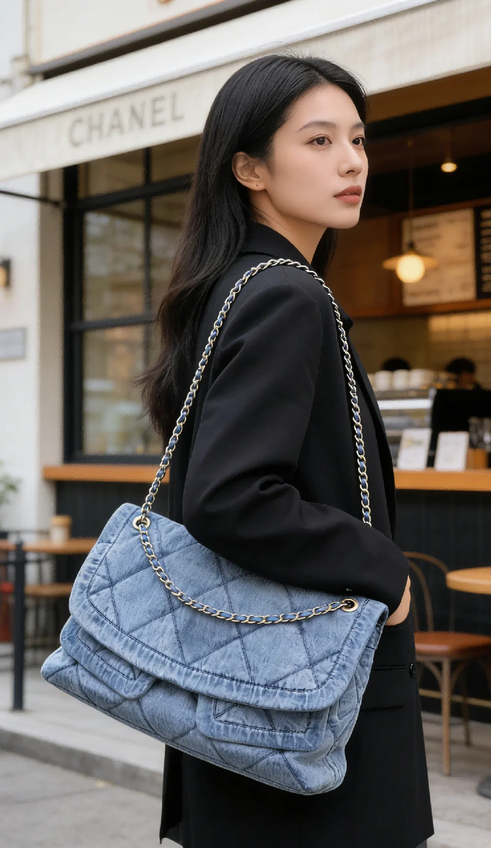 

Brand Designer Denim Plaid Quilted Women's Shoulder Bag Retro Lock Chain Crossbody Bag Flap Handbag with two Pockets