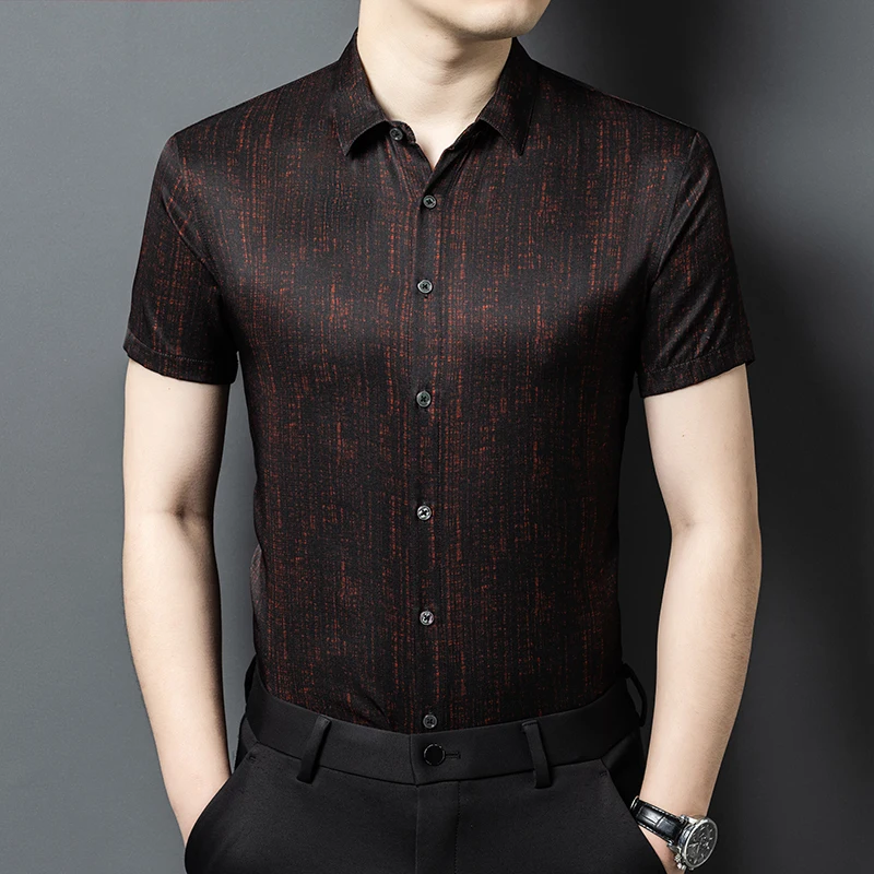 Gentleman Luxurious Silk Shirts For Men Short Sleeve Print Lapel Summer Quality Smooth Comfortable Lightweight Camisas De Hombre