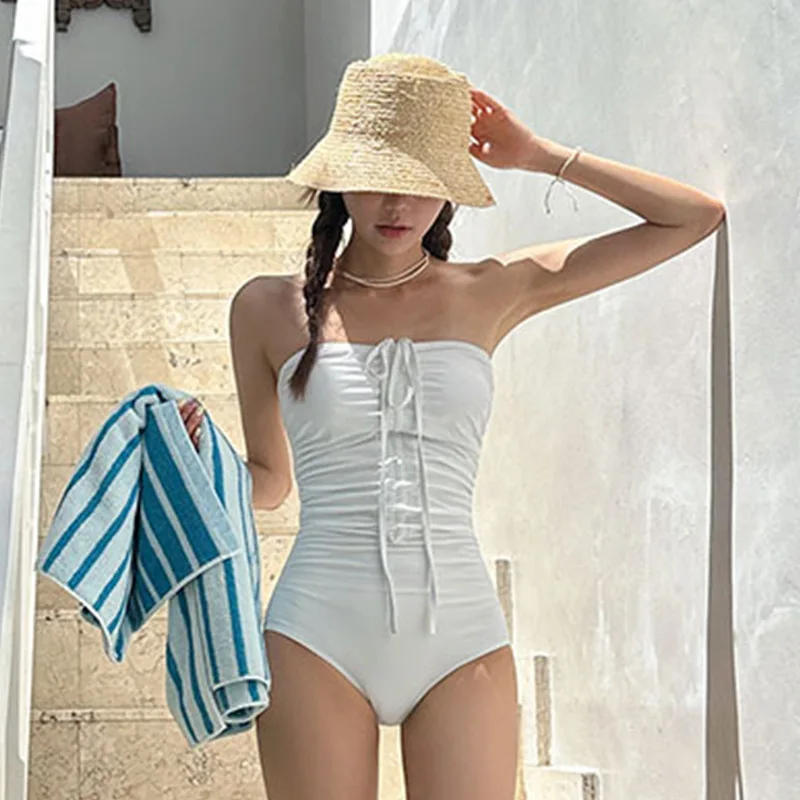 

Korean Style One Piece Swimsuit Women White Halter Swimwear Padded Bathing Suit Monokini Beachwear Bodysuit Slimming Suits Pool
