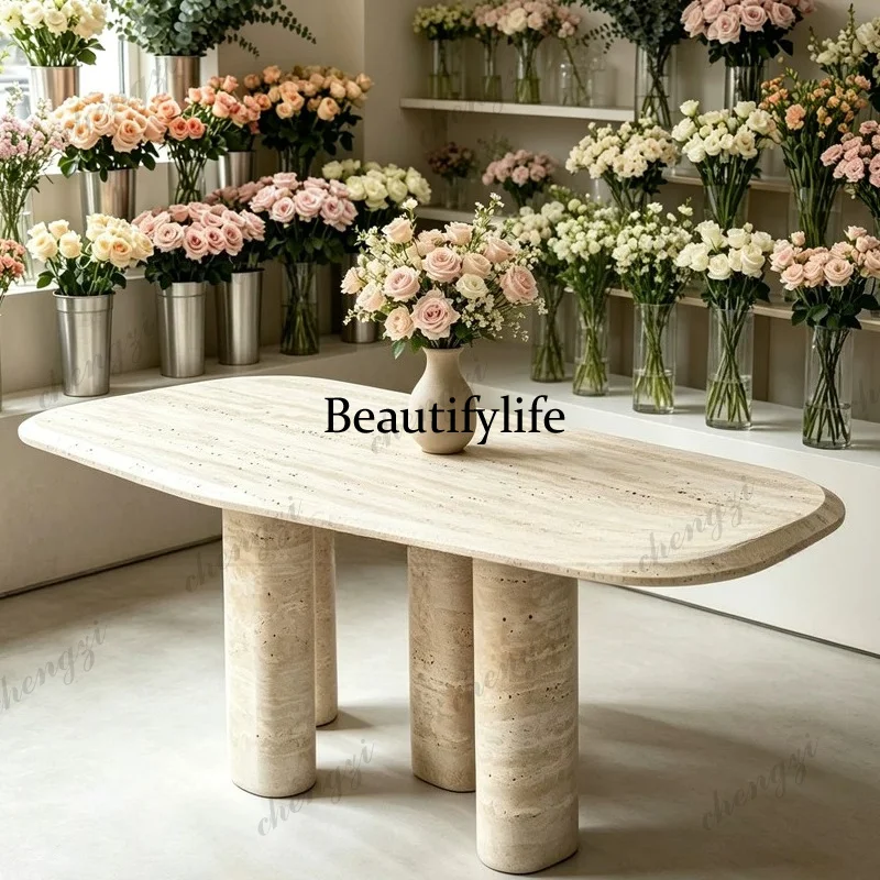 High-end natural travertine special-shaped Nakajima display stand flower shop art decoration, marble long table