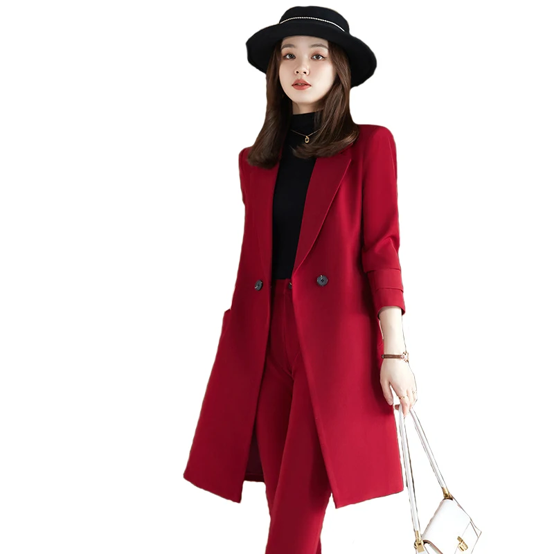 2022 Winter High-end Women\'s Business Suit Pants Two-piece Set Temperament Slim Solid Color Lady Double Breasted Trench Coat