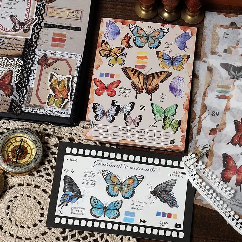 20 Sheets Vintage PET Sticker Book Diy Diary Butterfly Album Scrapbooking Retro Flower Material Paper Decorative Sticker