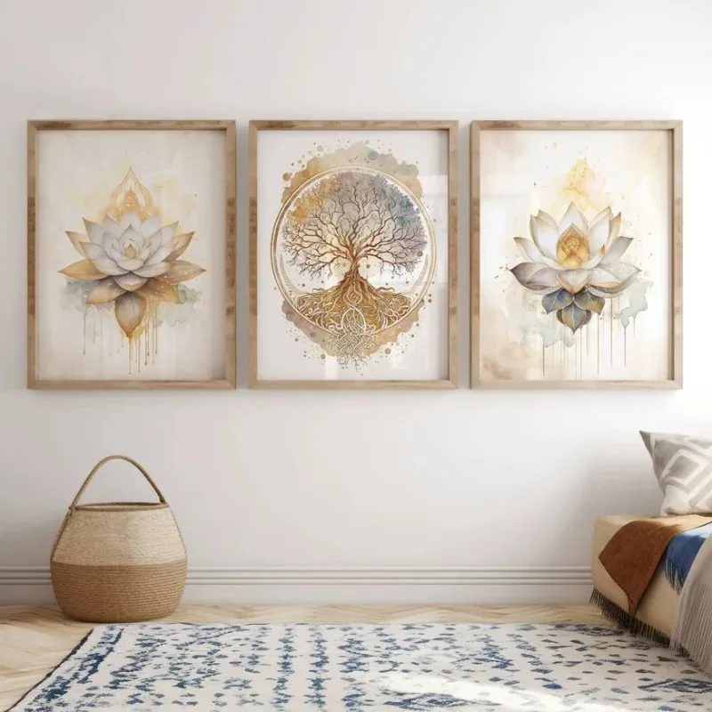 شجرة الحياة بوذا لوتس زهرة زن اليوغا التأمل الروحي خمر الجدار ملصق فني طباعة قماش اللوحة لغرفة ديكور المنزل #2