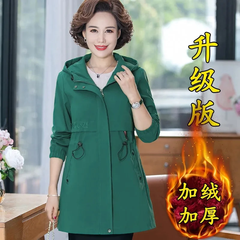 Windbreaker Women's Mid-Length Mother's Spring And Autumn Jacket Velvet Coat Outwear New Mid-Old Women's Trench Coat Hooded 3155