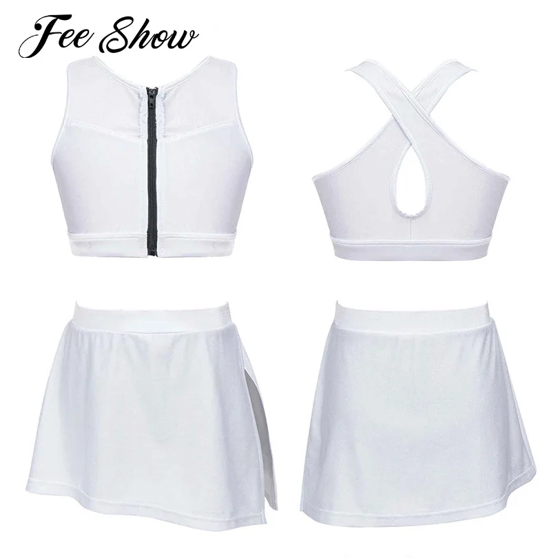 

Kids Girls Modern Dance Wear Jazz Dance Outfits Costume Sport Suits Zipper Vest Top Skirts Set Tennis Badminton Golf Skorts Sets