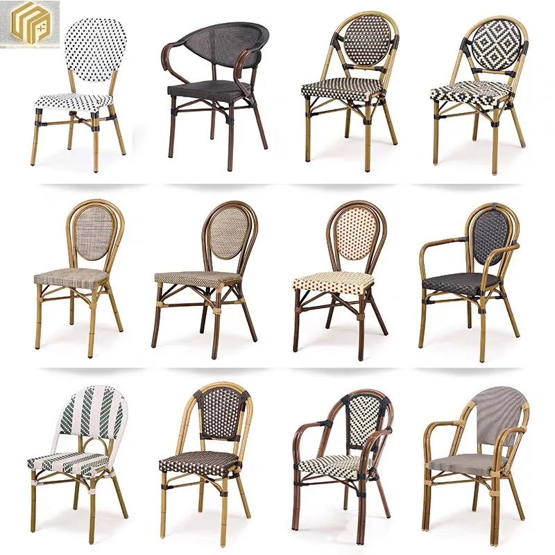 Outdoor rattan tables and chairs French outdoor cafe restaurant chairs Hotel can stack imitation wood grain aluminum tube PE rat