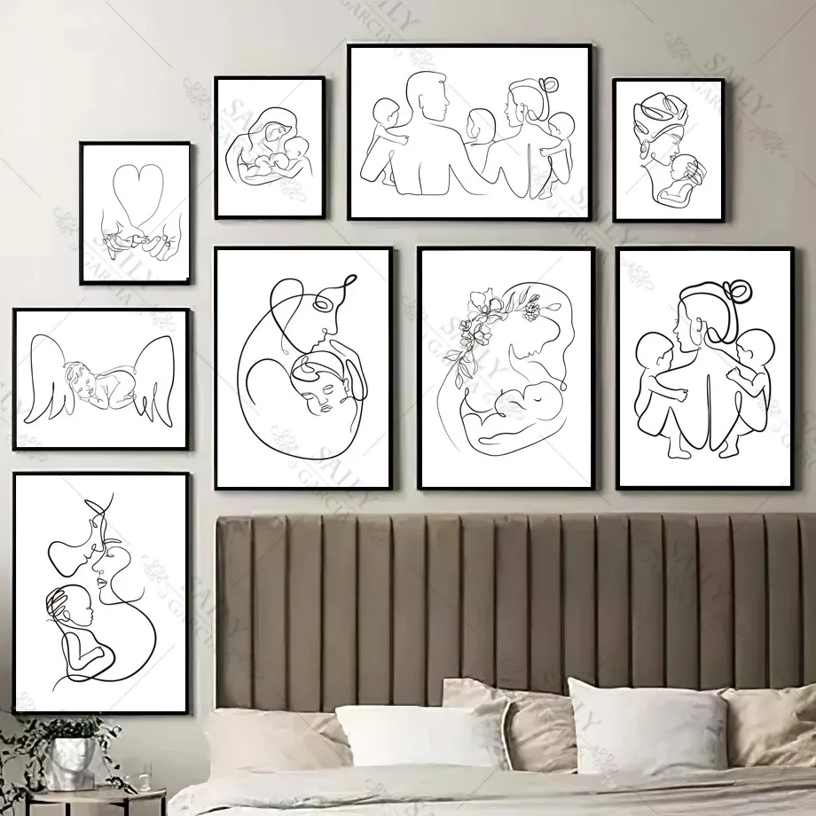 Abstract Line Art Baby Mother Canvas Painting Family Love Posters and Prints Nursery Wall Art Picture for Living Room Home