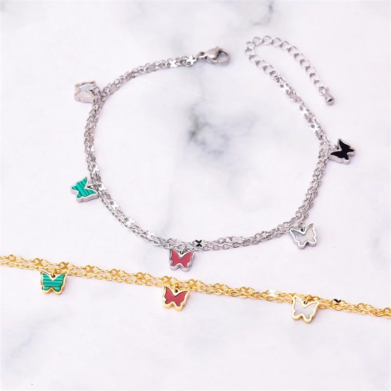 316L Stainless Steel New Fashion Jewelry 2 Layer Embedded In Natural Shells Hang 5 Butterflies Charm Chain Anklets For Women