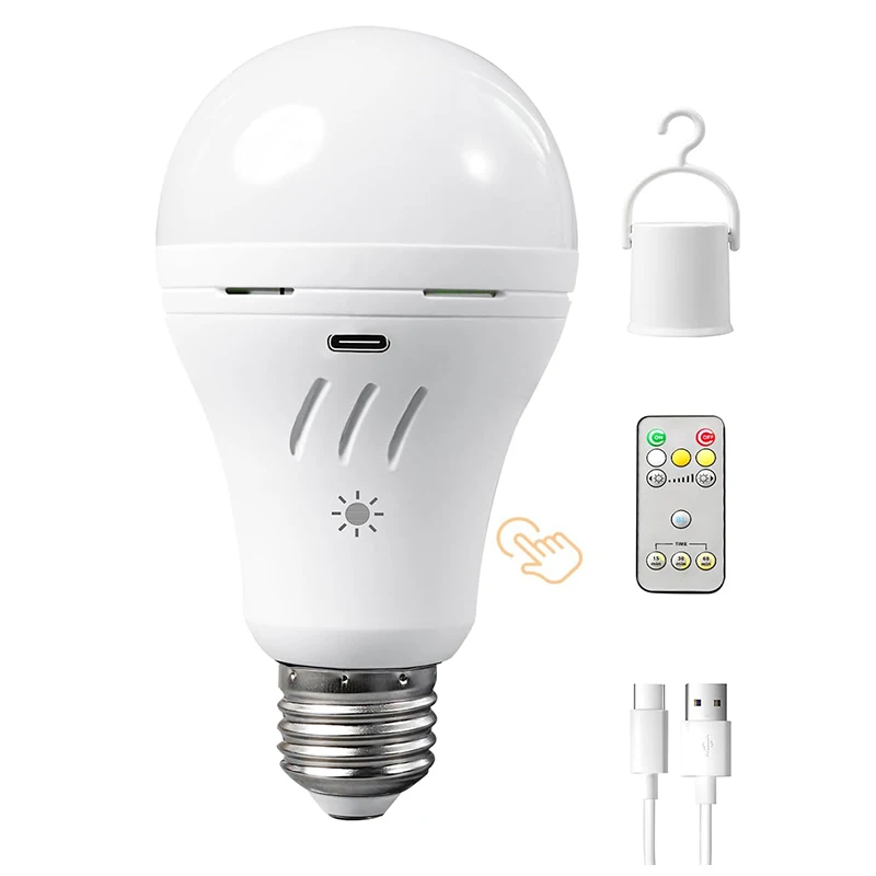 Bombilla con batería recargable E27 de 15W, luz de emergencia AC220V, interruptor de sincronización con control remoto, recarga tipo USB, 3 colores que se pueden atenuar