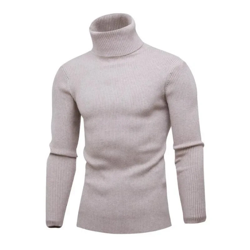 European and American Men's Fashionable and Warm High-neck Slim-fit Pure Color Vertical Striped Knitted Sweater for Winter.