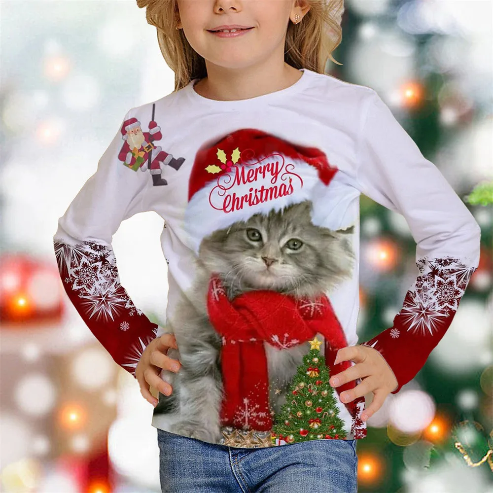 T-shirt gatti stampa per bambini Halloween albero di natale magliette gatto pupazzo di neve vestiti Girly da 6 a 14 anni magliette Kawaii bianche