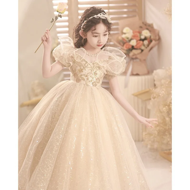 Champagne Flower Girl Dress Floral Lace Applique Children Wedding Party Gowns New Kids Clothes Princess First Communion Costume