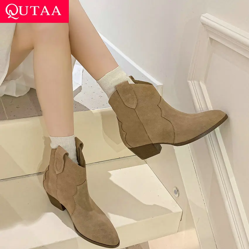 QUTAA 2023 New Arrival Women Ankle Boots Autumn Winter Office Ladies Thick Med Heels Pointed Toe Shoes Woman Fashion Size 34-39