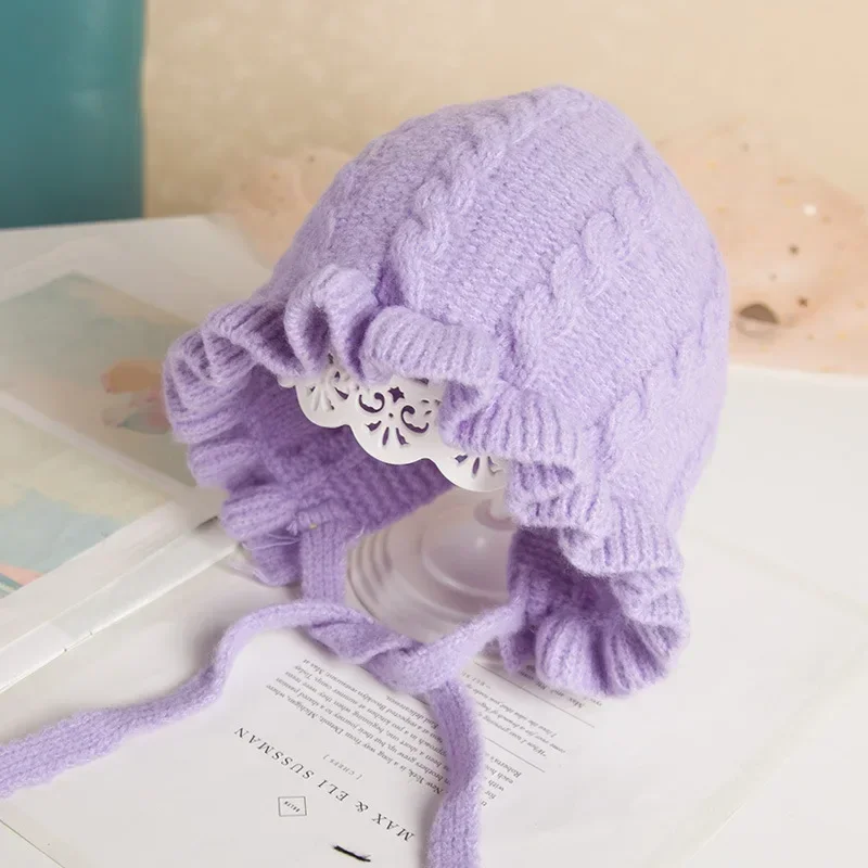 Infant Hat Winter Girl Baby Hooded Hats Autumn and Winter Ear Protection Warm Woolen Cap Lace Girls Knitted Caps for Childrens