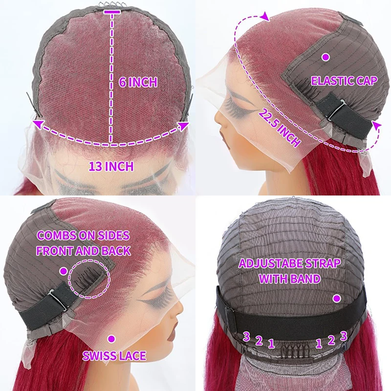 Burgundy 99J Straight Lace Front Human Hair Wigs 13x4 13x6 Red Pre Plucked Lace Frontal Wig 99J Colored 200% Human Hair Wig