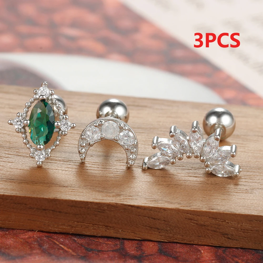 3PCS/Set Stainless Steel Tragus Piercing Ear Stud Earring for Women Helix Tragus Moon Studs Earring Trendy Jewelry Accessories