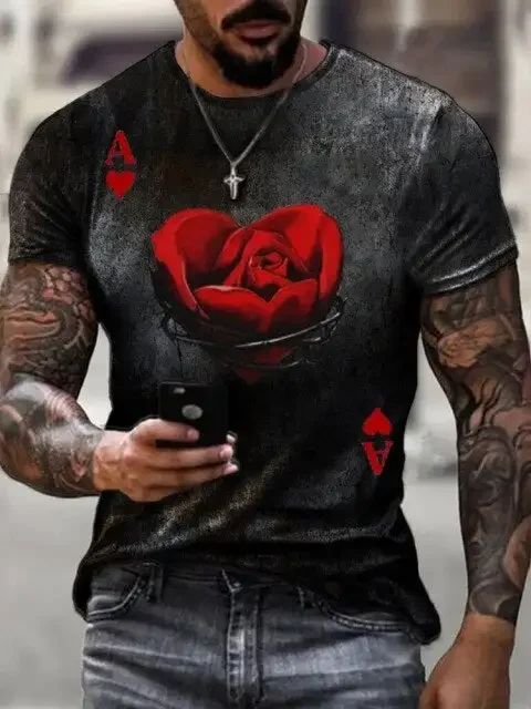 

2023 Summer Men's Printed Casual Crew Neck Short Sleeve T-Shirt Red peach A rose 3D Printed T Shirt