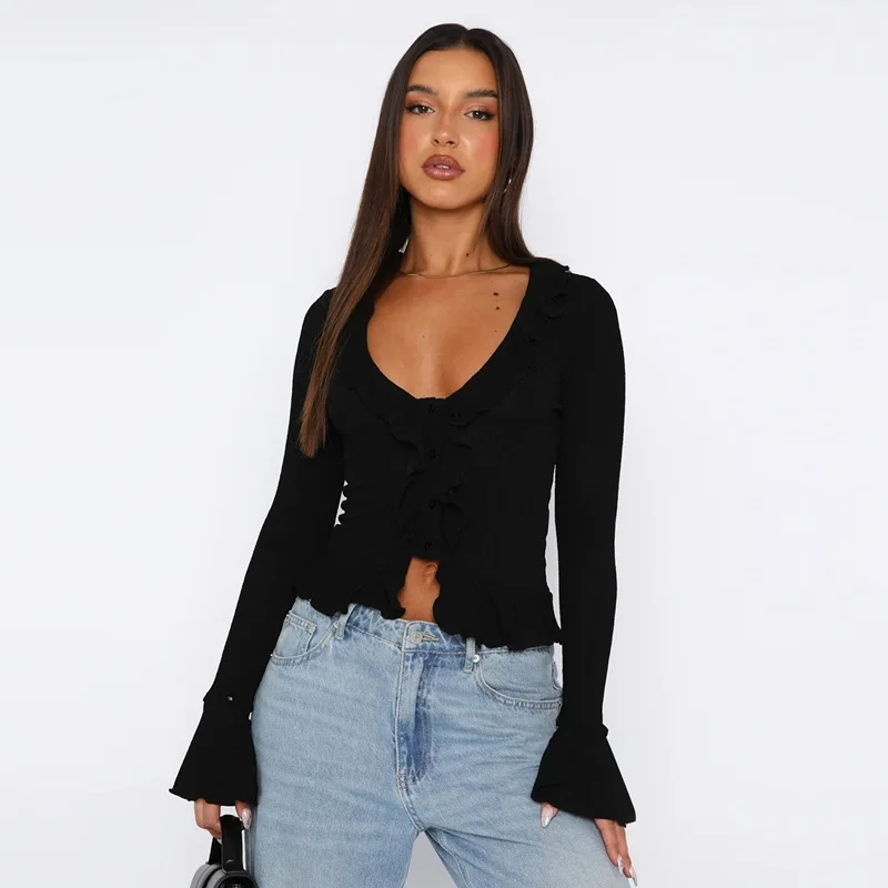 Sexy V-Ne Open Cardigan T-Shirt mit Glocken-Sves und Taillenklammern für Damen, lässiges Sle Thi-Baumwollmaterial