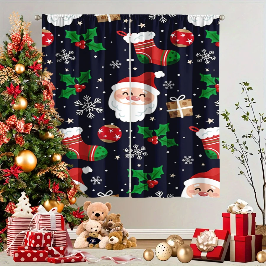2PCS Christmas Winter Curtains, Cartoon Santa Stocking Holly Snowflake Gift Navy, Digital Print, Bedroom Living Room, Home Decor