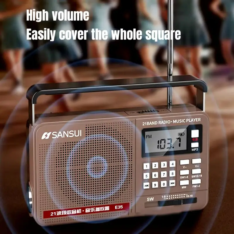 Radio E35, altavoz Retro Digital portátil, reproductor de música de graves HiFi, FM AM SW, banda completa con linterna LED, compatible con tarjeta USB TF