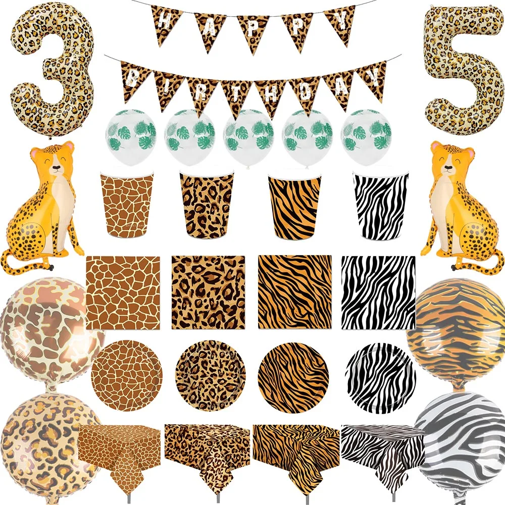 32Inch 1-9 Number Leopard Foil Balloon Jungle Animal Tiger Zebra Giraffe Disposable Tableware Jungle Safari Birthday Party Decor