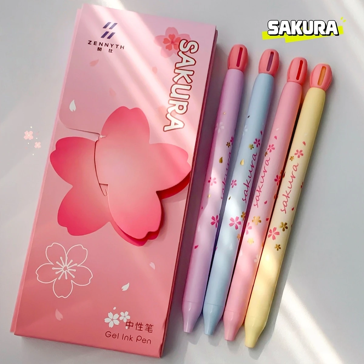 4pcs Sakura Gel Ink Pens Set Cherry Blossom Flower Print 0.5mm Ballpoint Black Color Ink Quick Dry Smooth Writing A3201