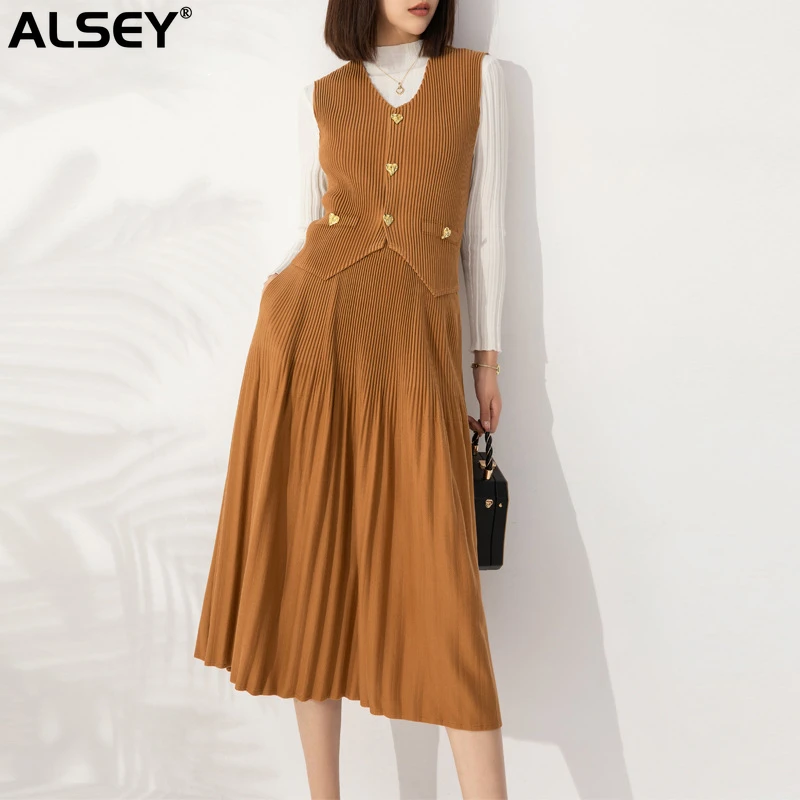 

ALSEY Miyake Pleated Fashion Two-piece Set for Women Fall Winter New Simple Vest+high-waisted Draped Half Skirt Two-piece Set